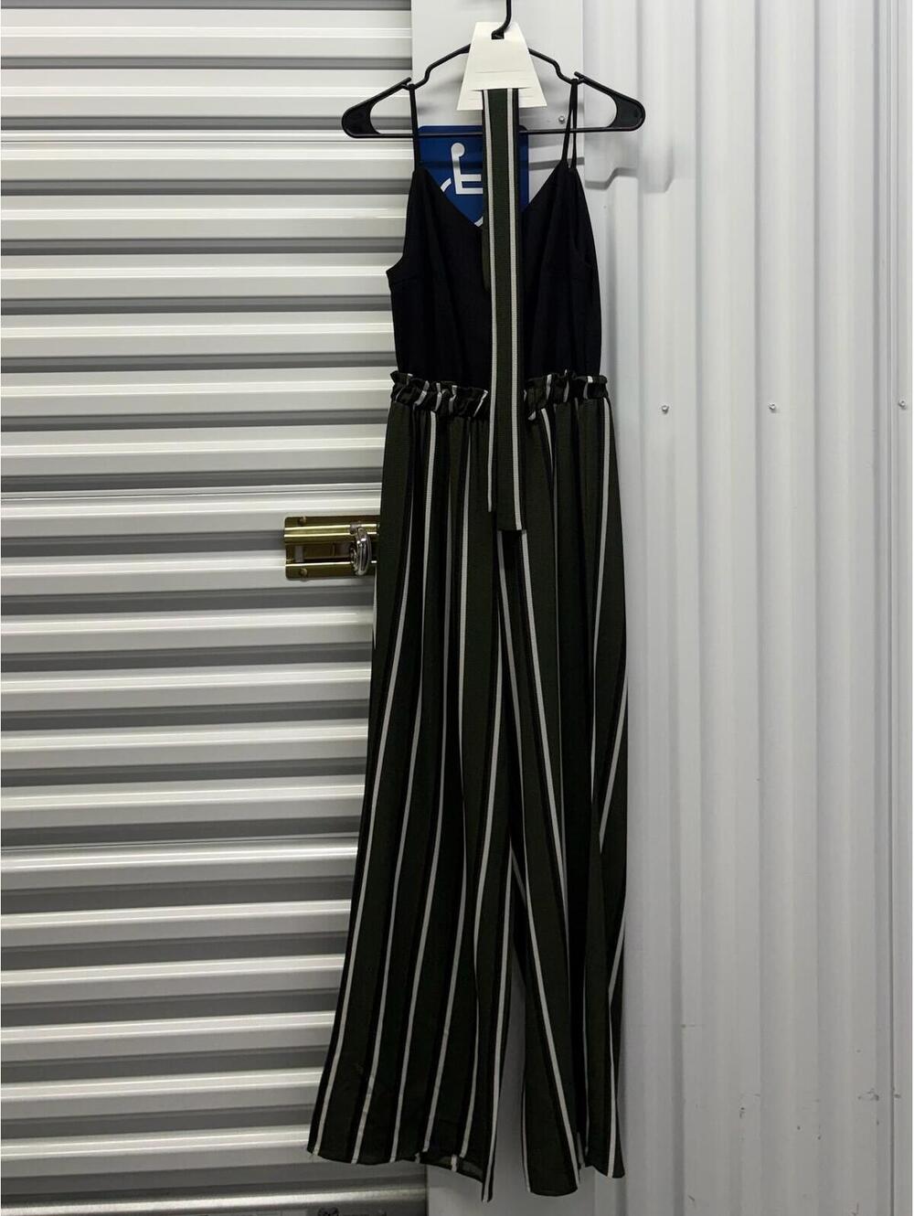 Blue Rain Women’s Medium Blue Rain Belted Jumpsuit Black Green White Striped